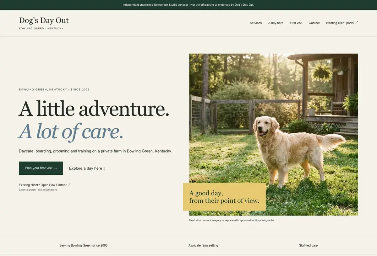Independent Dogs Day Out concept showing daycare services and first-visit information