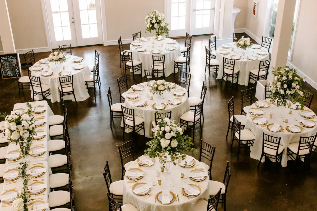 Reception tables and chairs inside the mansion