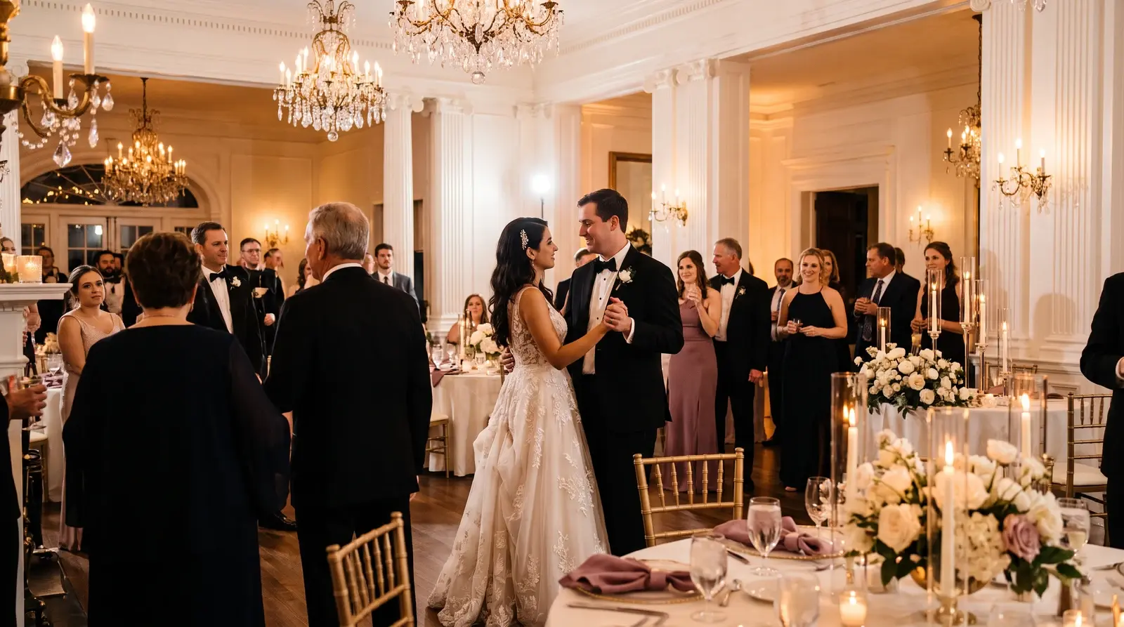 Illustrative evening reception with dancing and candlelight