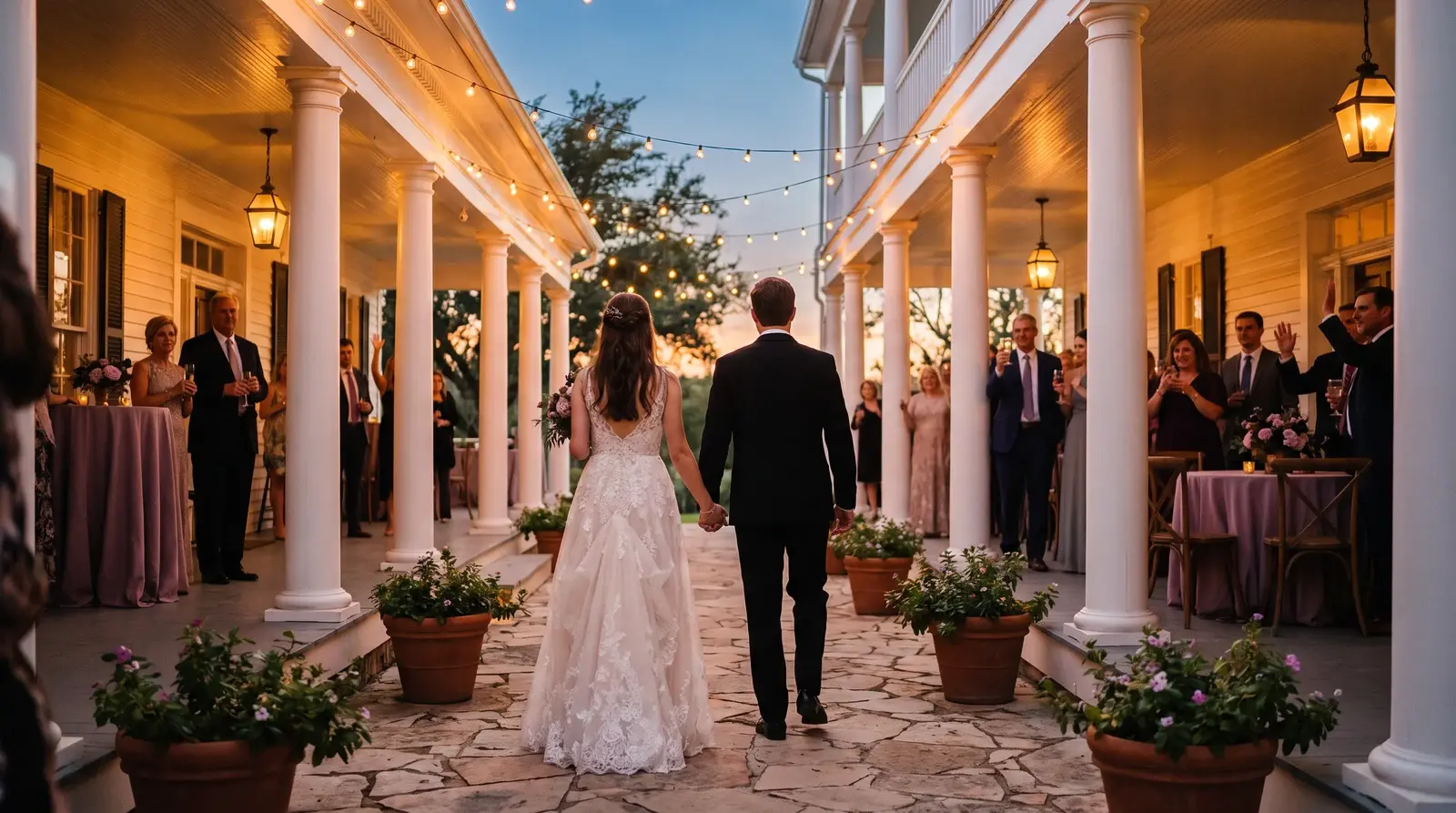 Illustrative couple leaving a wedding mansion at dusk