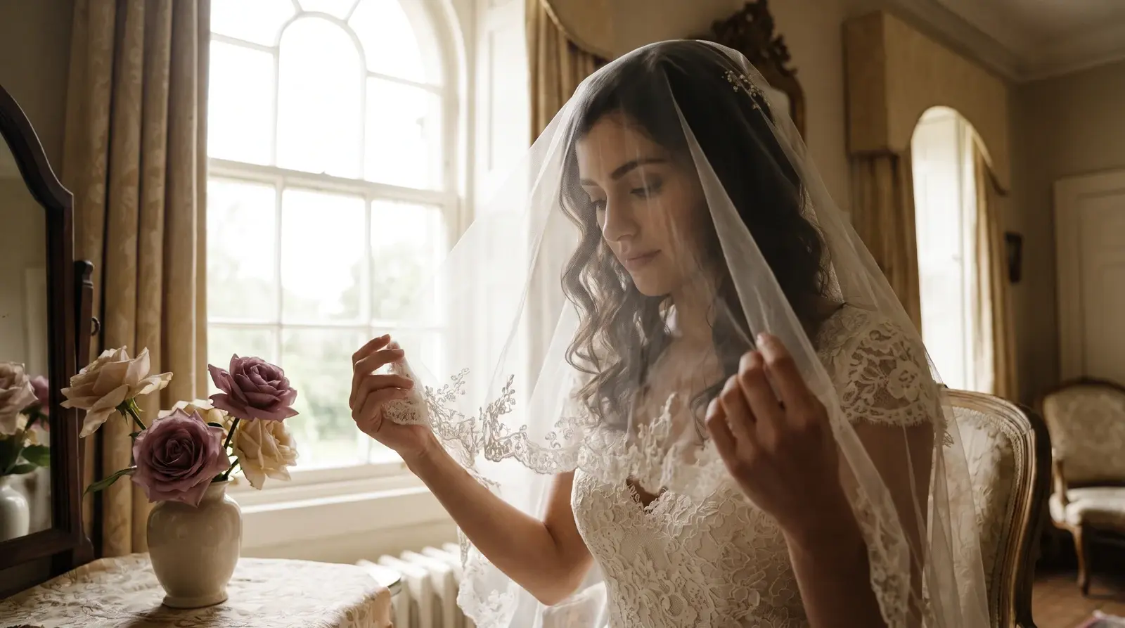 Illustrative bridal preparation beside a window