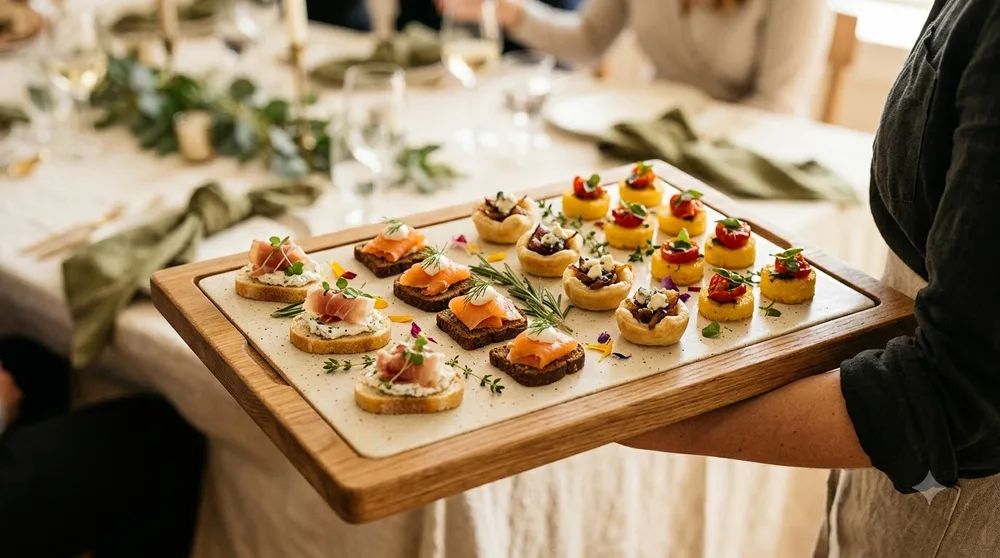 Illustrative catering scene: The first bite.