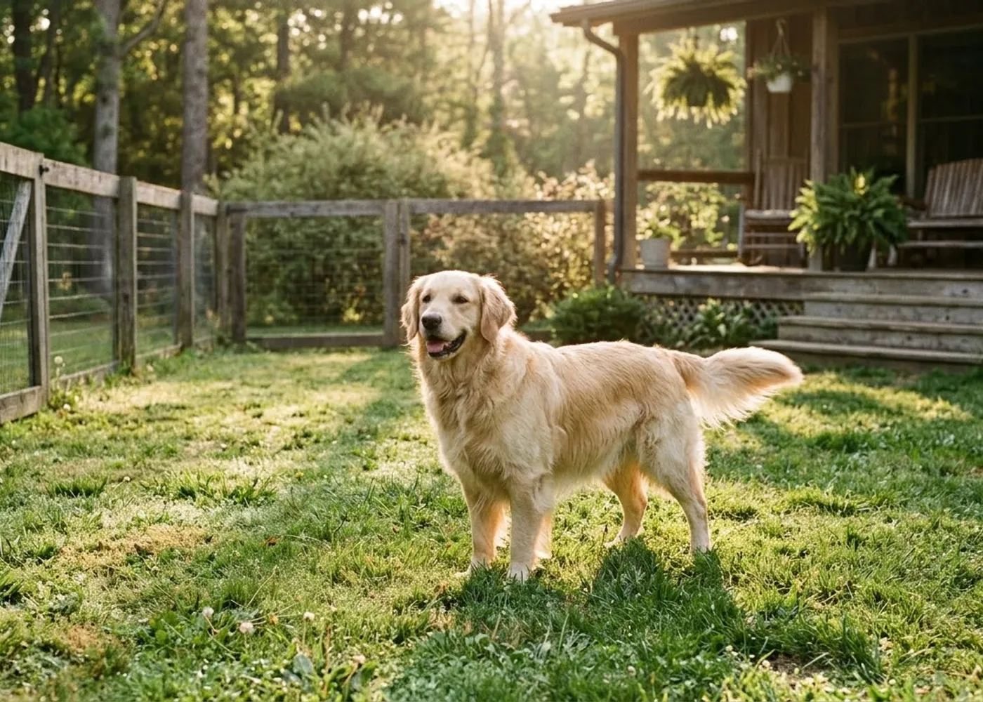 Illustrative relaxed dog in a countryside setting